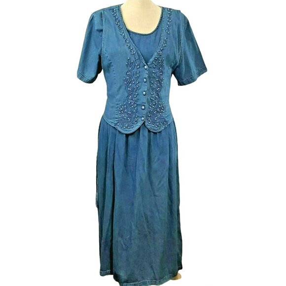 Vintage 80s Denim Chambray Dress L Beaded Vest Faded Tie Back Maxi Cottage Core - Picture 3 of 9